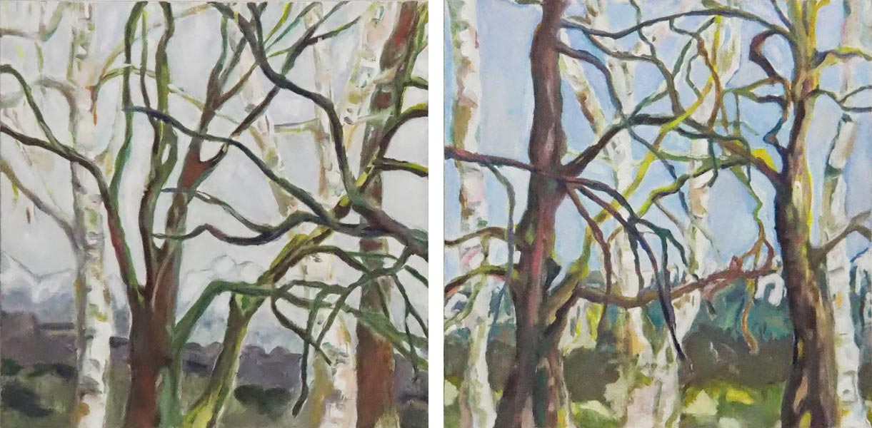 Baumstämme im Vorfrühling, Malerei der Künstlerin Regula Schenk, Rüti Zürich